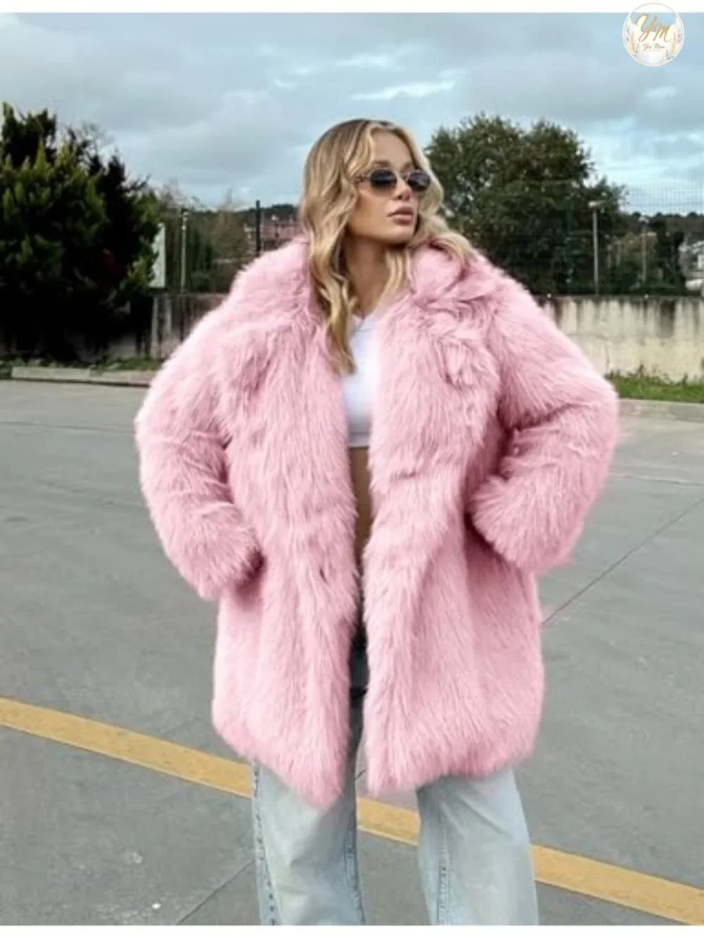 Womens Faux Fur Coat Mid Length Warm Winter Fluffy Jacket Shawl Collar